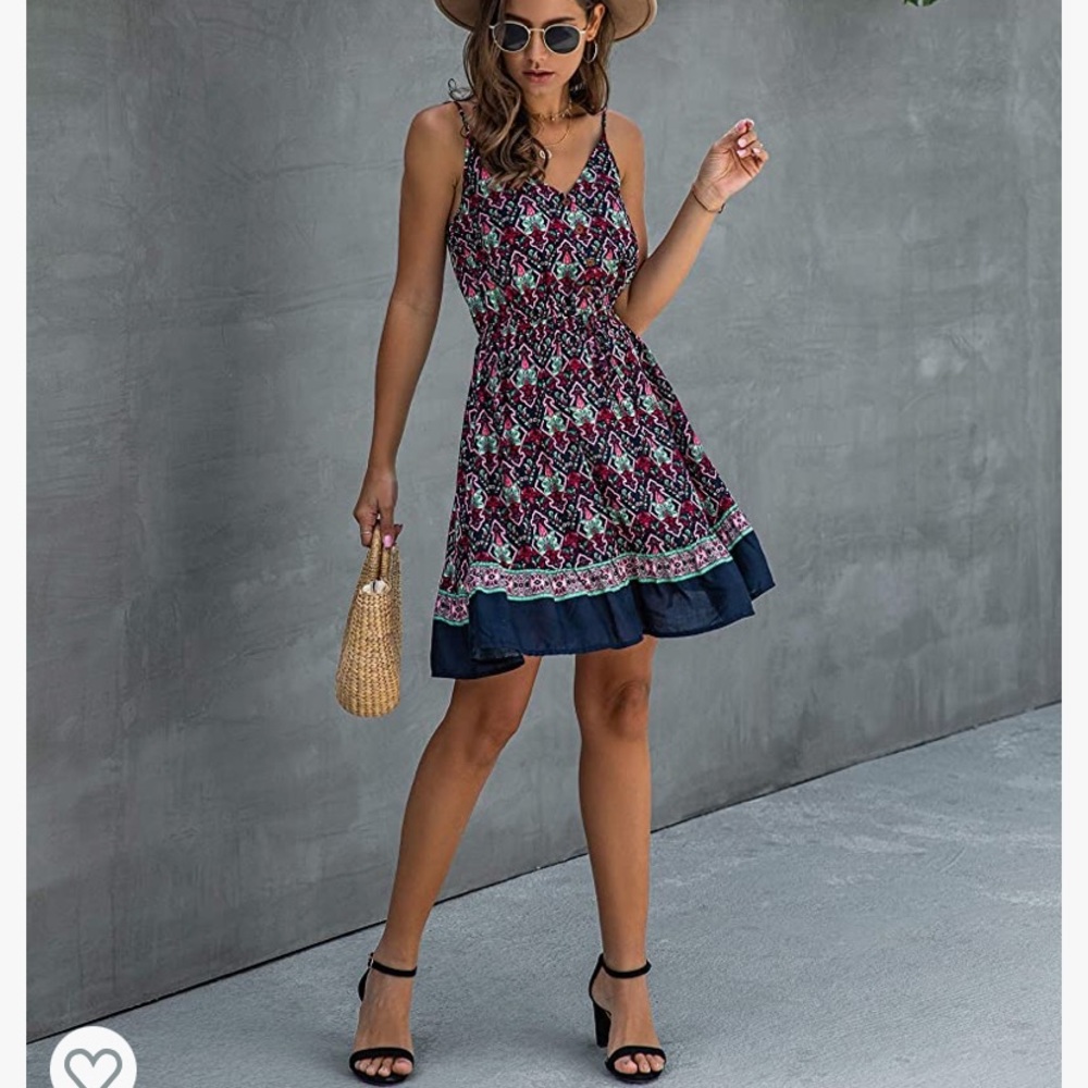 Pretty Garden Floral Navy, Green, and Pink Multicolored Spaghetti Strap Dress - Picture 3 of 13